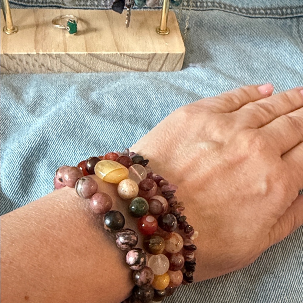 Semi-Precious Rhodonite Gem, Mookaite Jasper, Fire Quartz bracelet stack